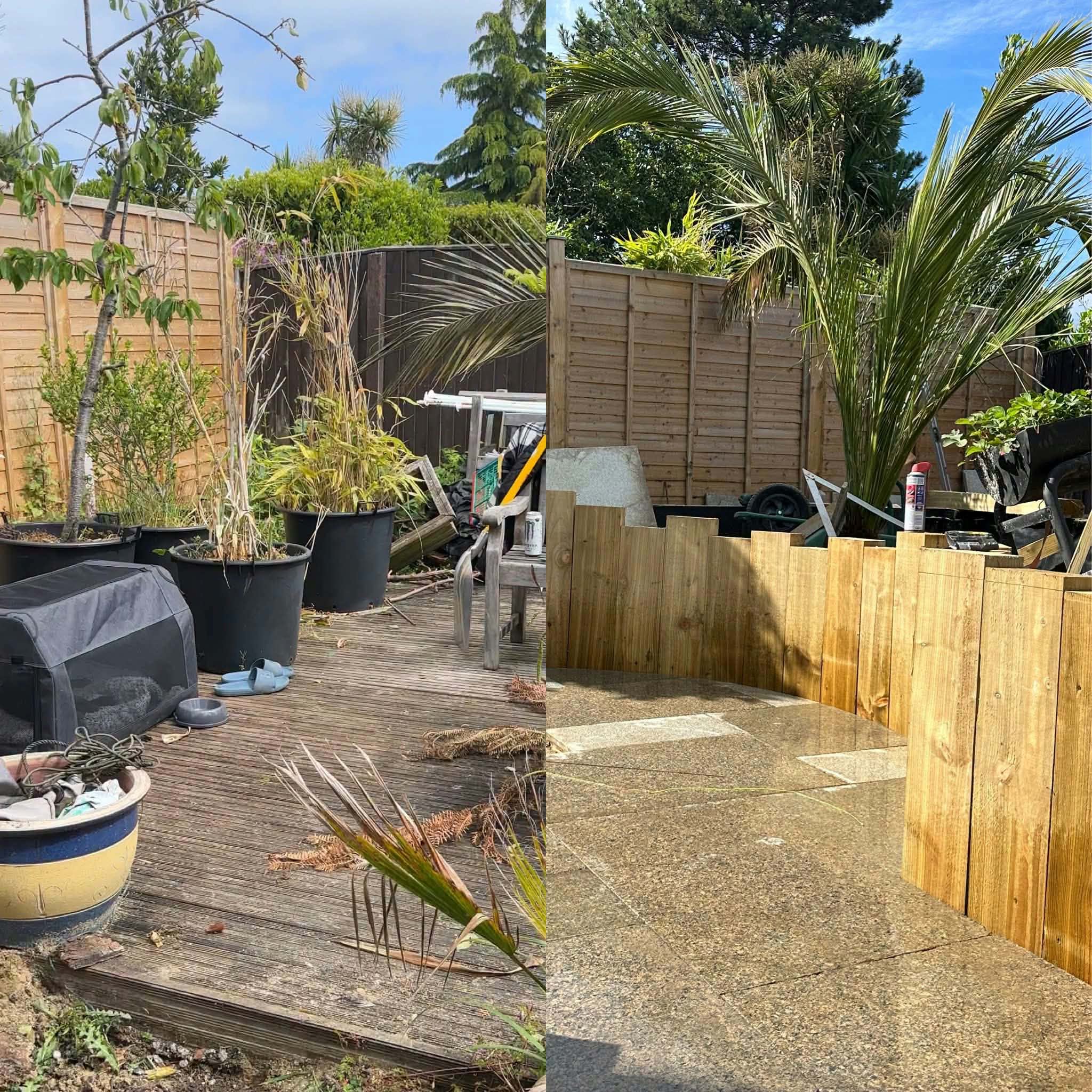 Before and after: old decking cluttered with pots, then a curved timber sleeper wall and a new patio